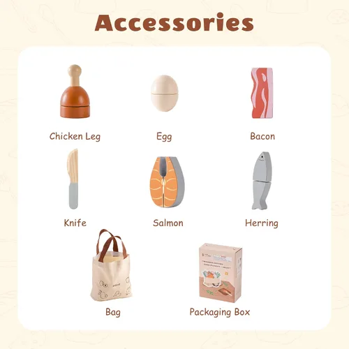 Vista 10 de ROBUD Juego de Comida de Madera para Jugar, Alimentos de Juguete para Cortar para Cocina de Simulación de Niños, Accesorios de Juguete de Cocina
