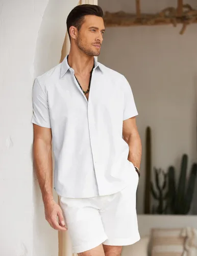 Vista 3 de COOFANDY Camisa casual de lino de manga corta con botones para hombre, para verano, playa, boda