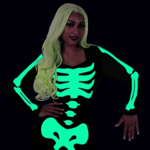 Vista 4 de Morph Disfraz de esqueleto que brilla en la oscuridad para mujer, disfraz de esqueleto de Halloween, body de esqueleto para mujer