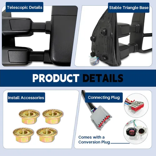Vista 4 de AERDM Nuevo Espejo de Remolque Compatible con Espejos Laterales Ford Super Duty F-250 F-350 F-450 F-550 1999-2016, Negro con Vidrio Calefactado