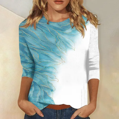 Vista 131 de Camisetas personalizadas para mujer, a la moda, casual, de séptima manga, estampada, cuello redondo, camiseta