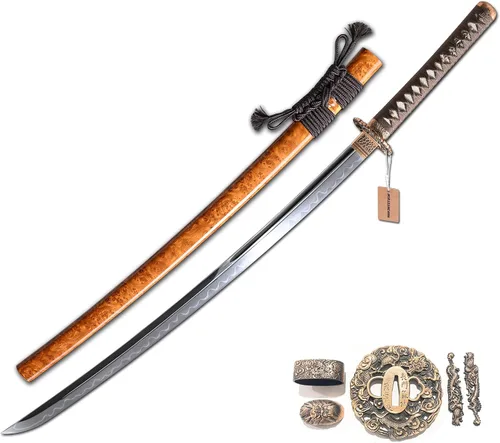 Vista 11 de MURASAME 41" Katana Espada Arcilla Templado Damasco Doblado Acero Real Hamon Latón Tsuba Muy Afilado