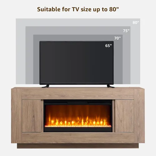 Vista 7 de OKD Soporte de TV con chimenea de 70 pulgadas para TV de 80 pulgadas Aliso Gris