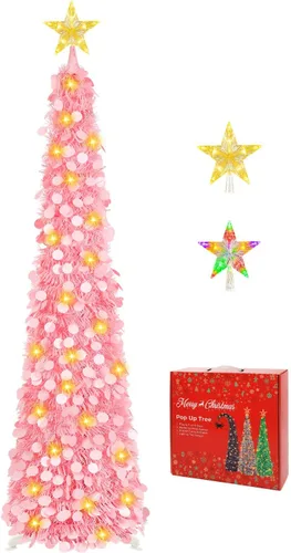 Vista 8 de MACTING Árbol de Navidad desplegable con 50 luces LED con temporizador, 5 pies, árbol de lápiz de oropel plegable de fácil montaje, árbol artificial