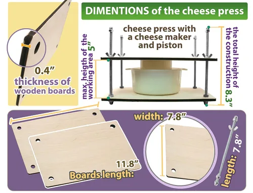 Vista 7 de PetriStor Prensa de queso de madera para suministros de fabricación de queso, guías de metal de 12 pulgadas y molde de queso con pistón seguidor