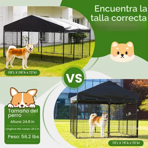 Vista 3 de Perrera para Perros de Exterior de 118" x 118" de Acero Ideal Cerca para Perros Medianos/Pequeños Revestimiento Anti-Óxido Jaula con Techo