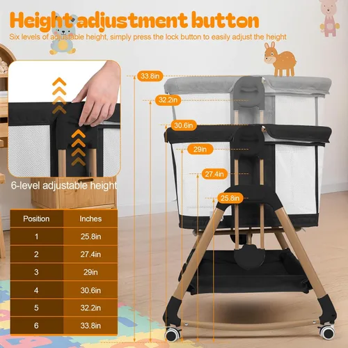 Vista 9 de By Brand 3 in 1 Baby Bassinet, Rocking Bedside Crib for Newborn, Portable Sleeper with Breathable Mesh, 6 Adjustable Heights, Wheels and Storage