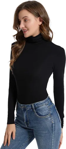 Vista 3 de ACANI Camisetas de cuello alto para mujer, acanaladas, de manga larga, ajustadas, cuello alto, básicas, elásticas, ligeras, con capas