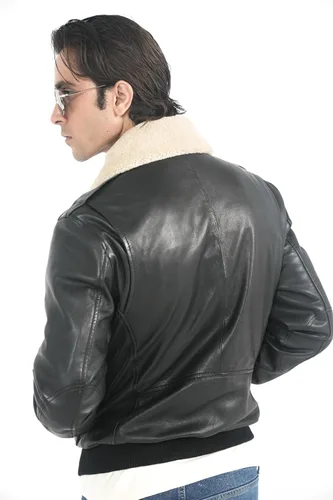Vista 5 de STREGA Chaqueta de cuero para hombre, chaqueta bomber de piel de cordero genuina para hombre, color marrón con cuello Sherpa extraíble, chaqueta