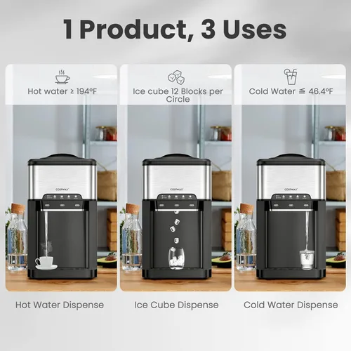 Vista 7 de COSTWAY Dispensador de agua con máquina de hielo, capacidad para botella de 3 a 5 galones, máquina enfriadora de agua fría caliente de carga