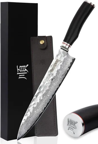Vista 9 de YOUSUNLONG Cuchillo de chef – Cuchillos de cocina Gyuto de 8 pulgadas – Cuchillo afilado – Acero de Damasco martillado japonés – Mango de ébano