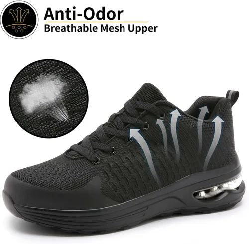 Vista 5 de LUPWEE Zapatos de punta de acero para hombres y mujeres, zapatos de trabajo de seguridad antideslizantes a prueba de pinchazos, cómodos tenis