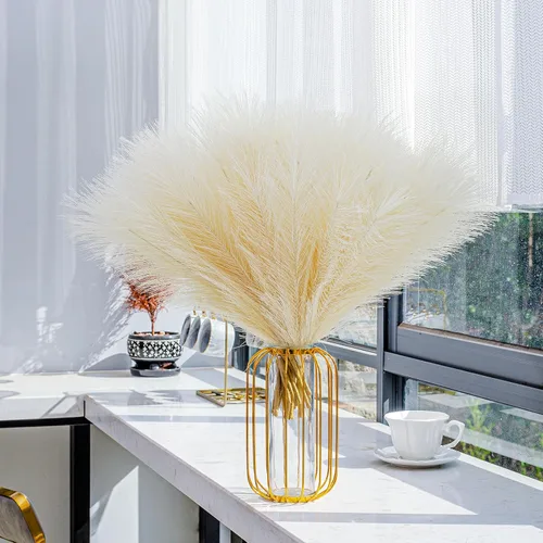 Vista 8 de 10 tallos de hierba de pampa sintética - 17.7" Hierba artificial de pampa decorativa esponjosa, pequeño arreglo floral de hierba de pampa y relleno