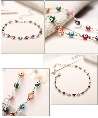Vista 5 de Tobillera de ojo malvado de plata con cuentas de mal de ojo, joyería de pie de moda para la playa para mujer, Plata