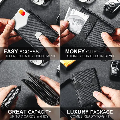 Vista 2 de GSOIAX Cartera delgada para hombre, con bloqueo RFID, carteras plegables para hombres, minimalista, de cuero auténtico, fibra de carbono, clip