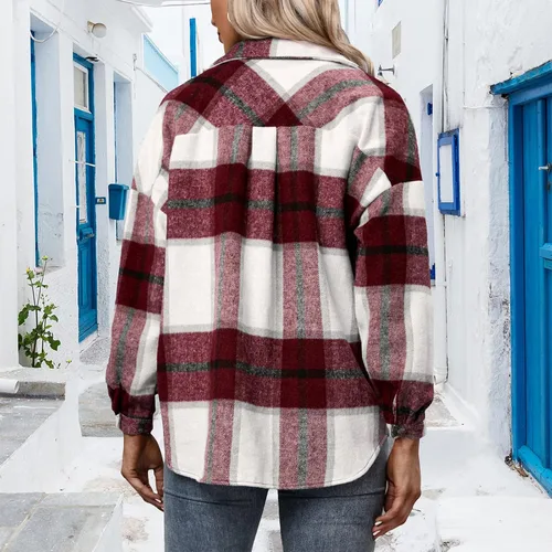 Vista 3 de American Trends Womens Plaid ShacketJacket- Oversized Wool Loose Lapel Coat Button Down Long Sleeve Shacket Shirt For Women