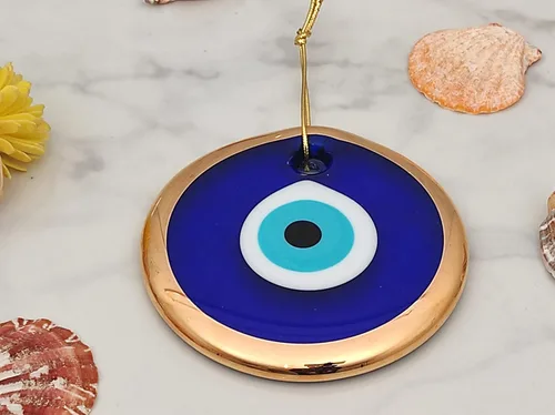 Vista 4 de Glass Blue Evil Eye Wall Hanging Gold Ornament - Turkish Nazar Bead - Home Protection Charm - Wall Decor Amulet in a Black Box (3")