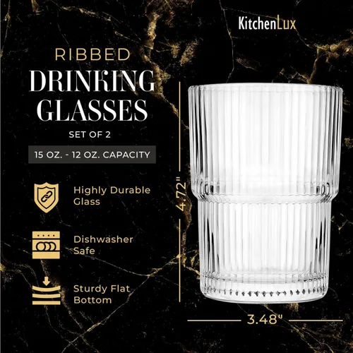 Vista 2 de Kitchen Lux Vasos acanalados de vidrio acanalado de 15 onzas – Juego de 2 vasos acanalados – Juego de 2 vasos estéticos con textura vintage retro