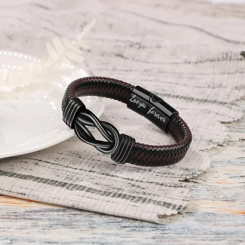 Vista 3 de Pulsera con símbolo de infinito para hombres, regalo para papá, marido, novio, hijo, nieto, marrón, cuero trenzado, acero inoxidable grabado