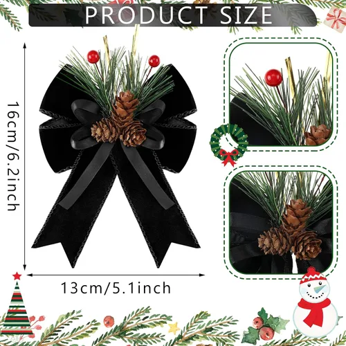 Vista 2 de Syhood - 6 lazos de Navidad a cuadros con piñas de pino, cintas de terciopelo negro, para corona de árbol de Navidad, decoración de fiestas