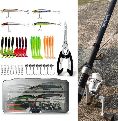 Vista 6 de Combo de caña de pescar y carrete - 2 piezas de cañas retráctiles de 2.1 m, 2 piezas de carretes giratorios, juego de señuelos, alicates de pesca