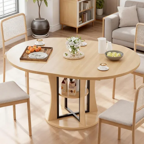 Vista 11 de Mesa de comedor redonda extensible de 43.3 a 59 pulgadas para 4 a 8, moderna mesa de comedor ovalada de cocina con estante de almacenamiento, mesa