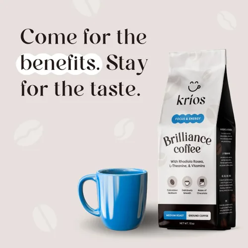 Vista 2 de Krios Coffee Brilliance Café molido, mejora la energía y el enfoque con vitaminas esenciales, L-teanina y rodiola rosa, tostado medio, suave, bolsa