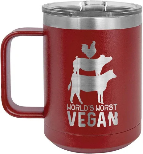 Vista 17 de Worlds Worst - Taza de café vegana negra de 15 onzas con tapa superior deslizante, taza de café de viaje aislada Idea de regalo para barbacoa