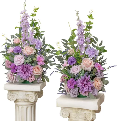 Vista 10 de TINGE TIME Juego de 2 flores artificiales de pie, centro de mesa con almohadilla de goma, flor falsa de seda para centro de mesa de boda, arco