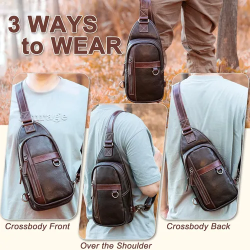 Vista 2 de CENUNCO Geniune - Bolso bandolera de cuero para hombres y mujeres, bolso cruzado para el hombro, mochila para el pecho
