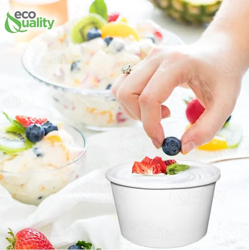 Vista 6 de EcoQuality Recipientes desechables de papel blanco para sopa con tapas, tazas de papel para helado, cuencos desechables para postres fríos, tazas