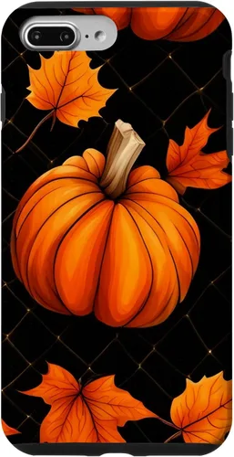 Vista 9 de iPhone 14 calabazas negro y naranja cuadros otoño hojas otoño Halloween caso