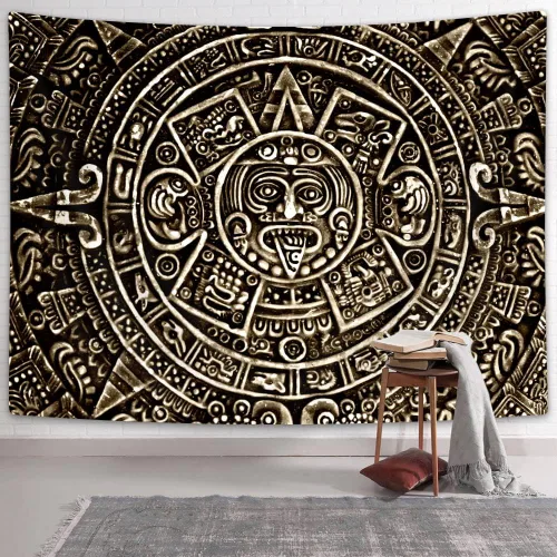 Vista 7 de Tapiz maya azteca para colgar en la pared, vista cercana de la historia del antiguo calendario azteca de la civilización maya, decoración artística