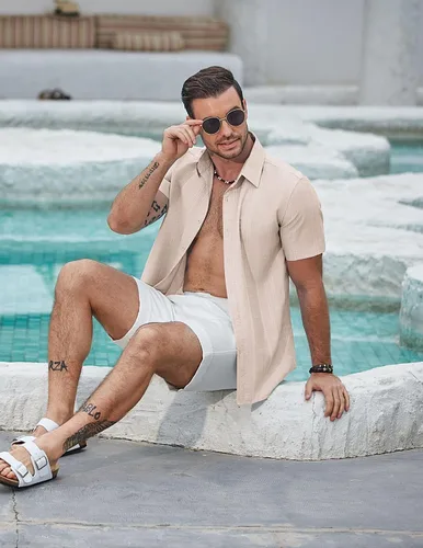 Vista 3 de COOFANDY Camisas casuales con botones para hombre, de manga corta, para verano, playa, texturizadas