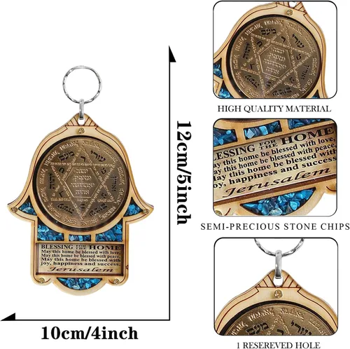 Vista 2 de My Daily Styles Hamsa de madera judía Estrella de David - Bendición para el hogar buena suerte decoración de pared con turquesa simulada