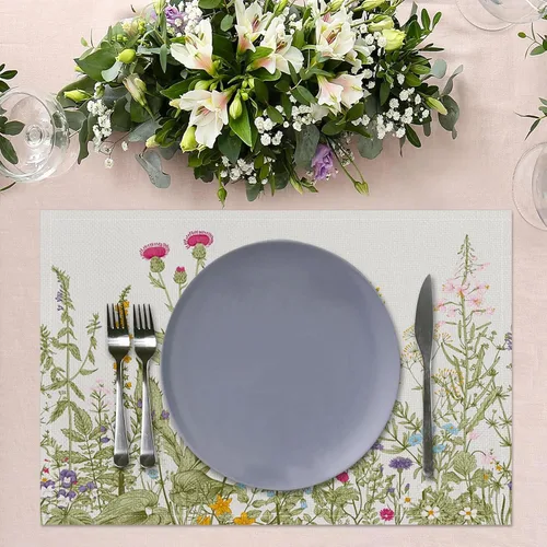 Vista 3 de Juego de 6 manteles individuales vintage con flores silvestres de 12 x 18 pulgadas, manteles individuales de tela de lino con plantas de jardín