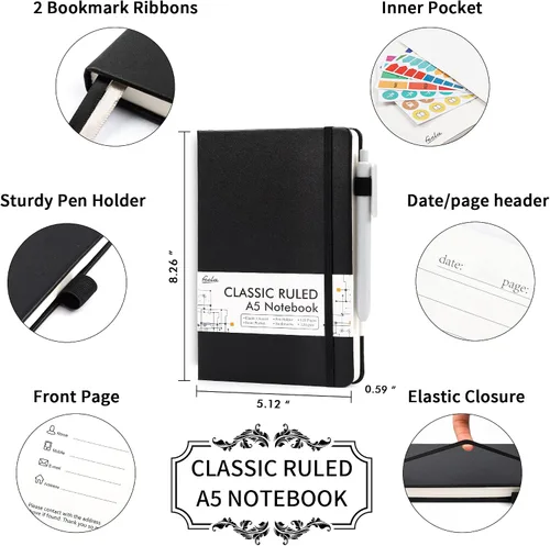 Vista 2 de feela Paquete de 8 cuadernos a granel para la escuela, cuadernos de negocios de tapa dura, diarios clásicos rayados con soporte para bolígrafo
