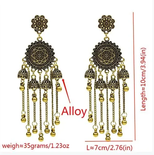 Vista 2 de Juego de 6 pares de aretes colgantes étnicos indios Jhumka Jhumki para mujer, vintage, plata y oro, largos con borlas, aretes de campana, joyería