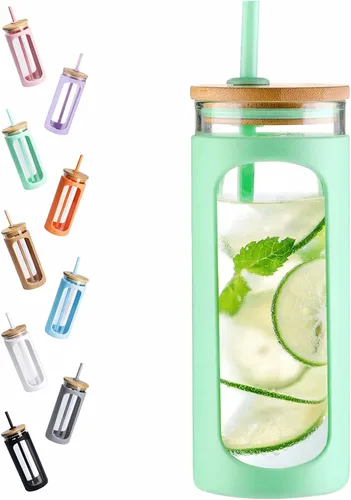 Vista 41 de Kodrine Vaso para agua de vidrio de 20 onzas con popote y tapa, botella de agua con tapas de bambú, taza para café helado, reutilizable, boca ancha