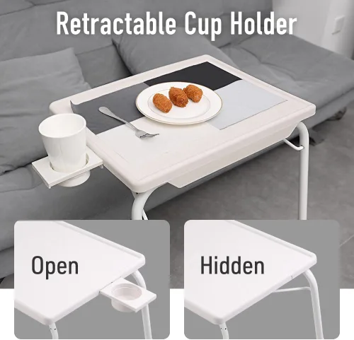 Vista 8 de Japard Mesa plegable para TV, mesita de noche pequeña con soporte para tazas, ajustable de 6 alturas y 3 ángulos de inclinación (negro, 2 piezas)