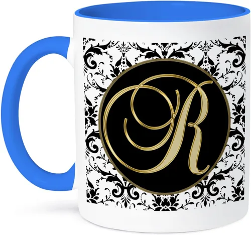 Vista 14 de 3dRose Imagen de la letra R en negro blanco y dorado 11oz taza negra de dos tonos