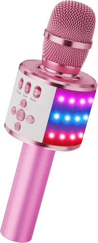 Vista 12 de Micrófono de karaoke BONAOK para niños y adultos - micrófonos Bluetooth con luces de disco, efecto eco, altavoz incorporado, reproductor de karaoke