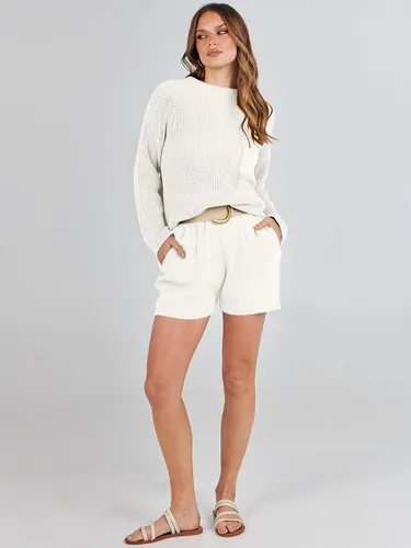 Vista 9 de ANRABESS Conjunto de dos piezas para mujer, suéter de punto, manga larga, tops y pantalones cortos