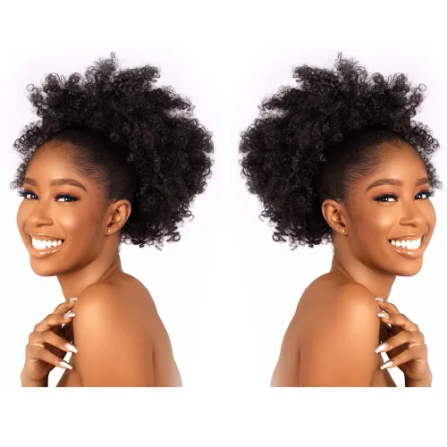 Vista 3 de Extensión de cola de caballo rizada con cordón para mujeres negras, extensiones de cabello sintético corto afro kinkys rizado con dos clips (1#)