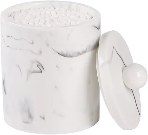 Vista 11 de Dispensador de soporte Qtip para baño con tapa, soporte para hisopos de algodón de tocador, recipiente de bola de algodón de resina, esponjas