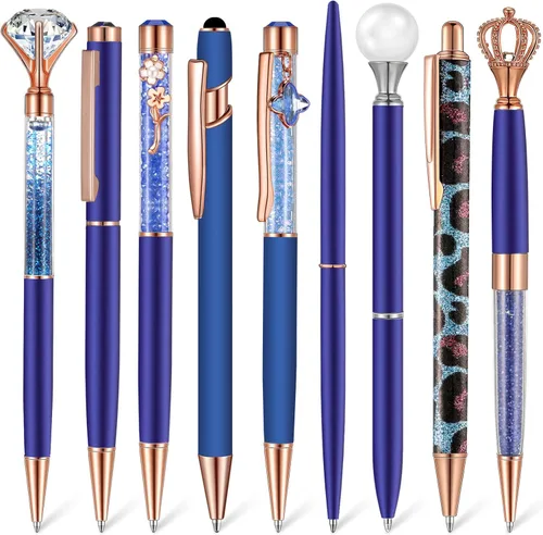 Vista 9 de Janmini Juego de 9 bolígrafos de punta de bola de metal con diamantes de cristal y purpurina para diario, tinta negra, cosas bonitas y lindas