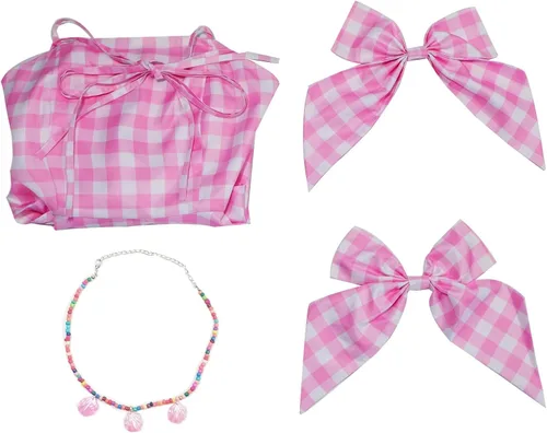 Vista 3 de Barbie Costume Pink Plaid Dress Women's Movie 2023 Margot Robbie Halloween Cosplay Costume