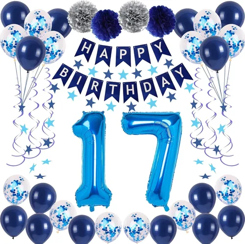 Vista 15 de Decoraciones de fiesta de cumpleaños azul número 29 para hombres y mujeres, suministros de globos de feliz cumpleaños 29 con pancarta de feliz