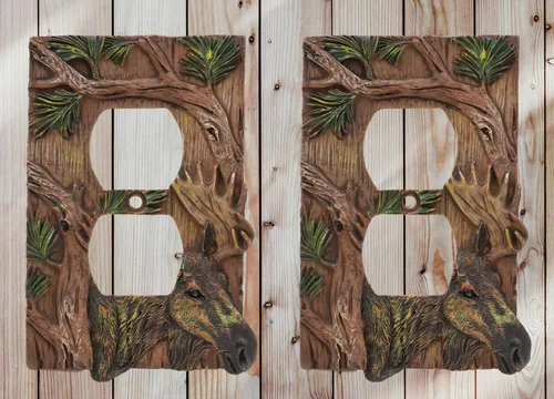 Vista 5 de Ebros - Juego de 2 platos de pared con cubierta eléctrica de ciervo y ciervo, alce rústico de bosque rústico pintado a mano, decoración occidental