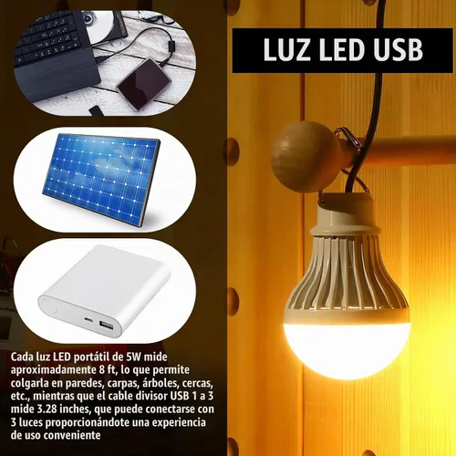 Vista 5 de Tuanse 3 bombillas LED USB, luces de campamento portátiles de 5 W con cable divisor USB de 1 a 3, cable de 8.2 pies de longitud extra para tienda